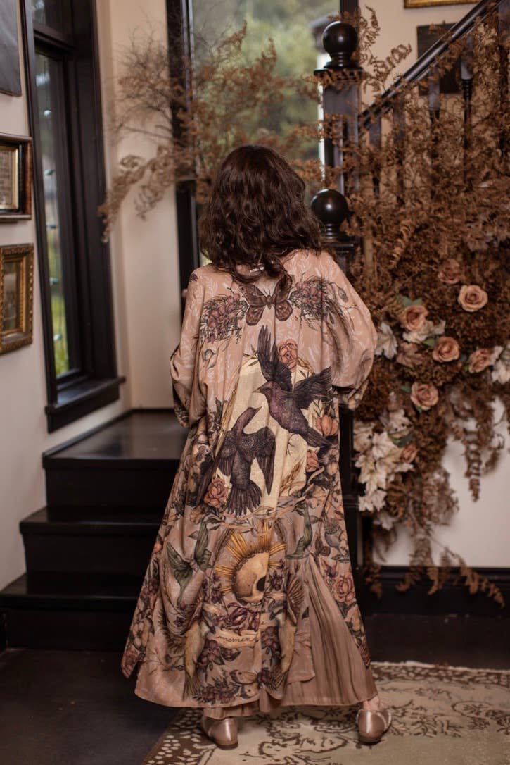 Momento Opera Duster Kimono Robe w/ Starlings & Skull