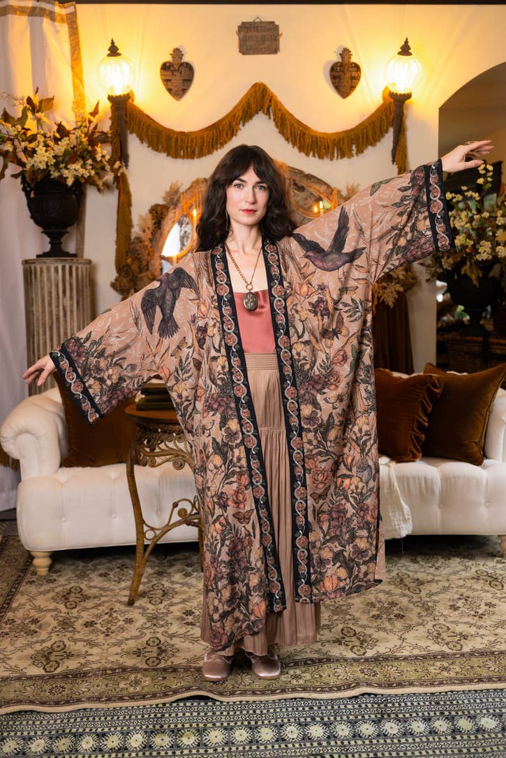Momento Opera Duster Kimono Robe w/ Starlings & Skull