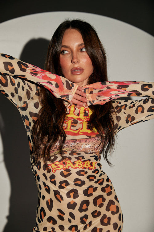 PANTERA MESH LONG SLEEVE MAXI DRESS - LEOPARD/ FLAMES