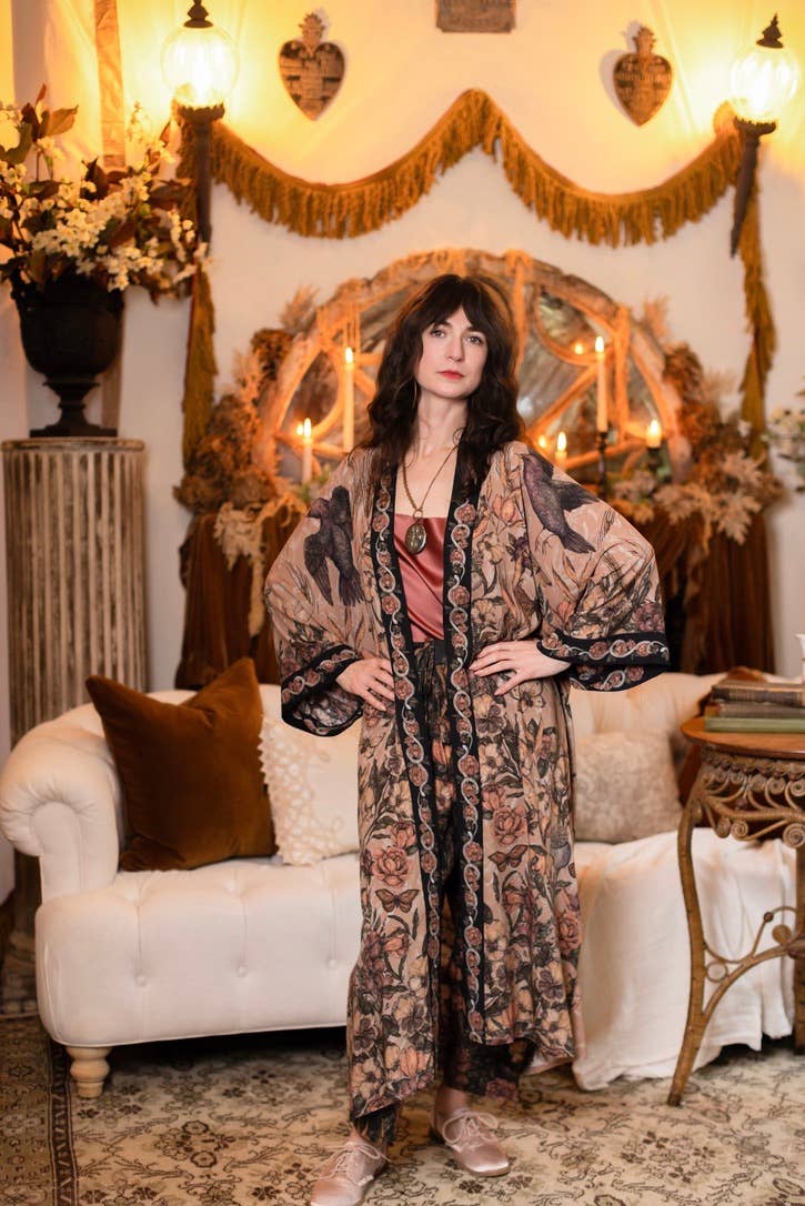 Momento Opera Duster Kimono Robe w/ Starlings & Skull