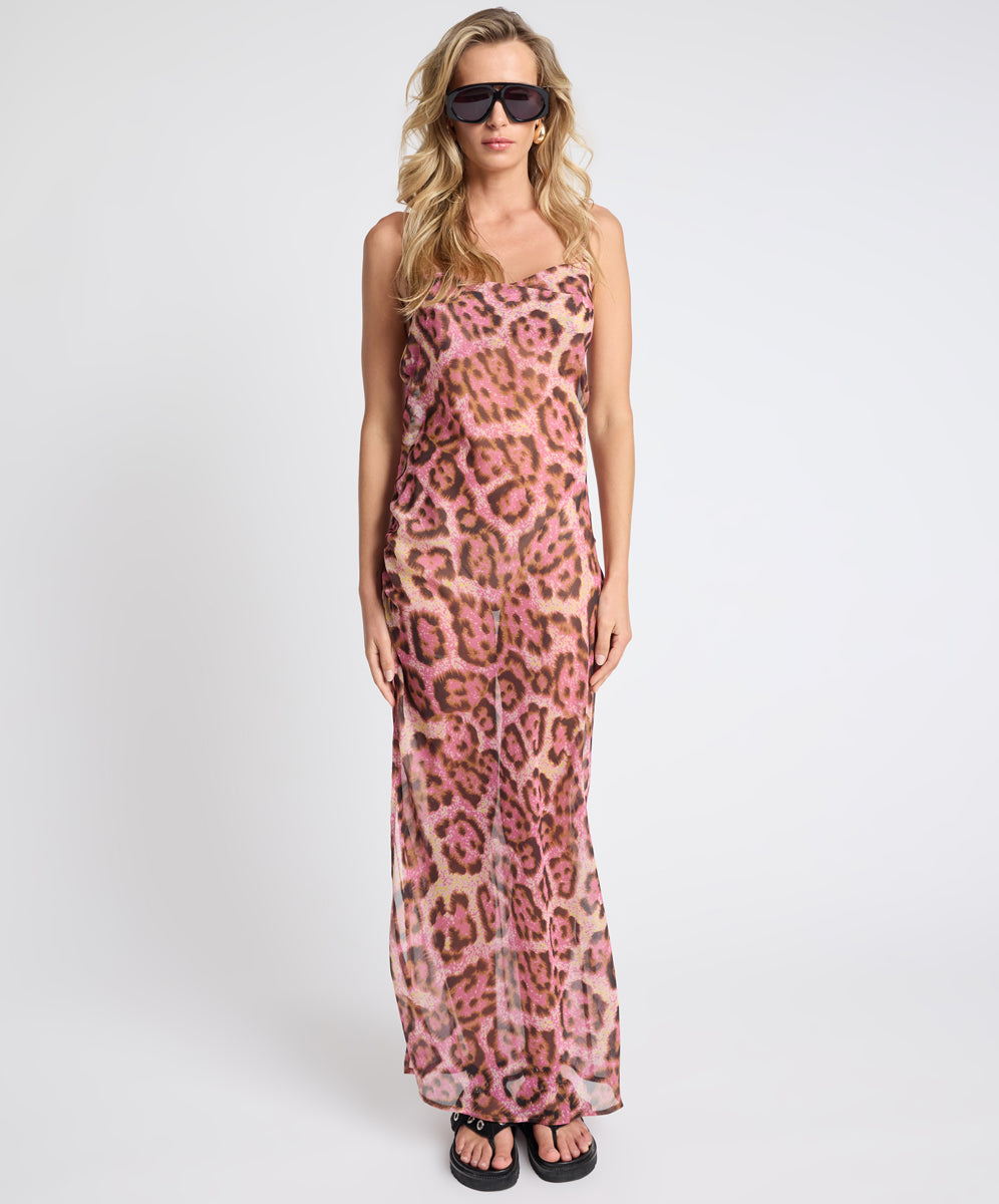 Rhiannon Ruched Long Slip Maxi Dress - Pink Leopard
