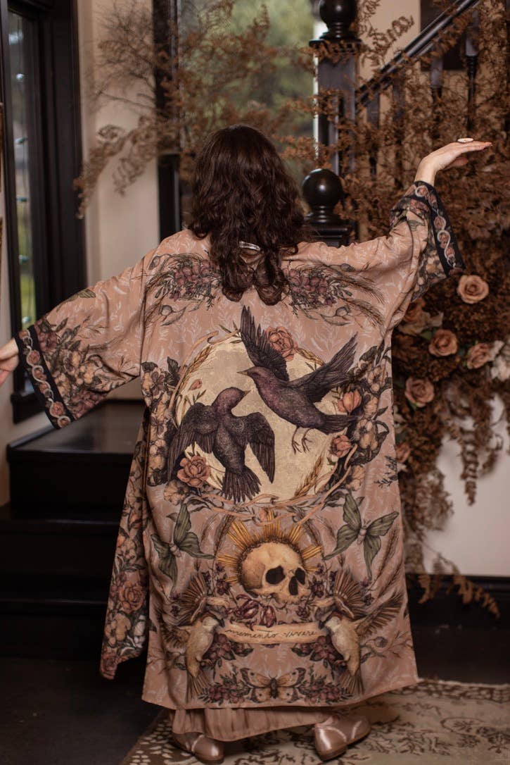 Momento Opera Duster Kimono Robe w/ Starlings & Skull