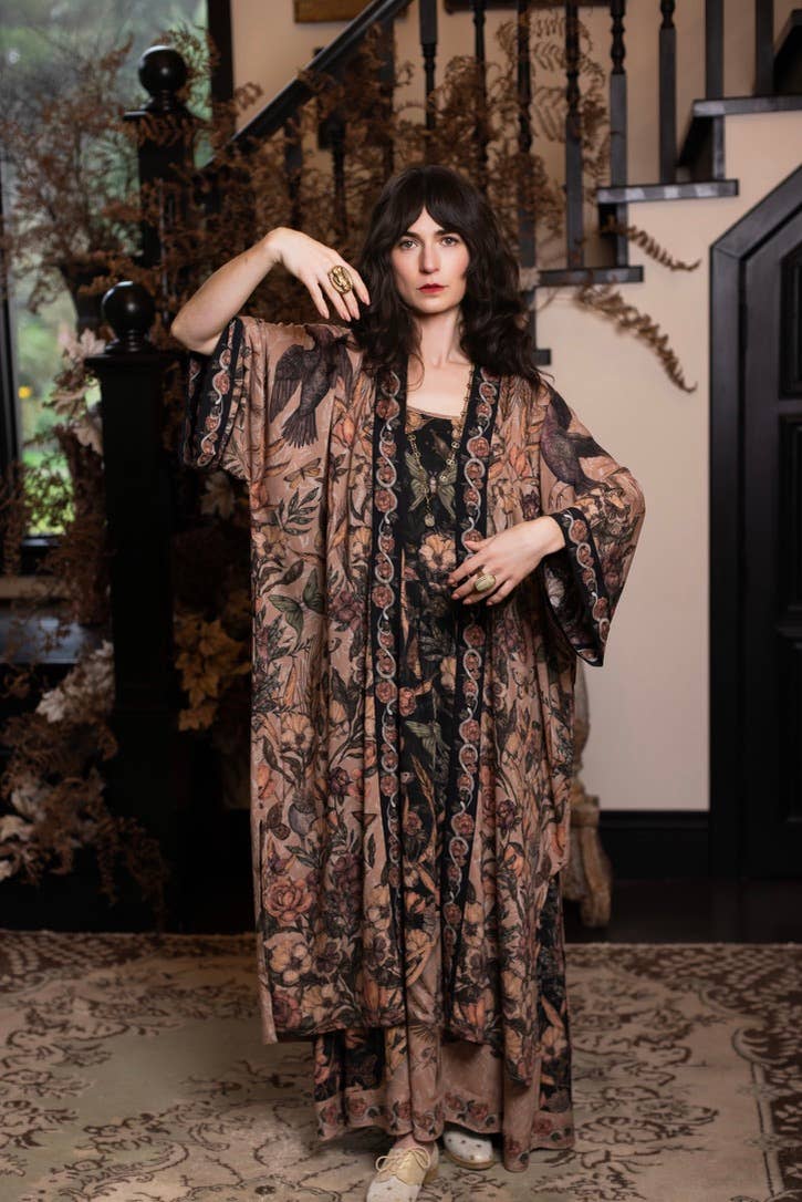 Momento Opera Duster Kimono Robe w/ Starlings & Skull