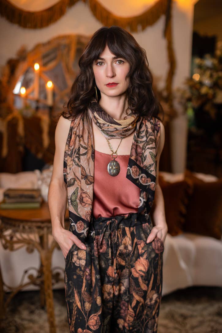 Momento Bohemian Scarf w/ Floral Print, Starlings & Skull