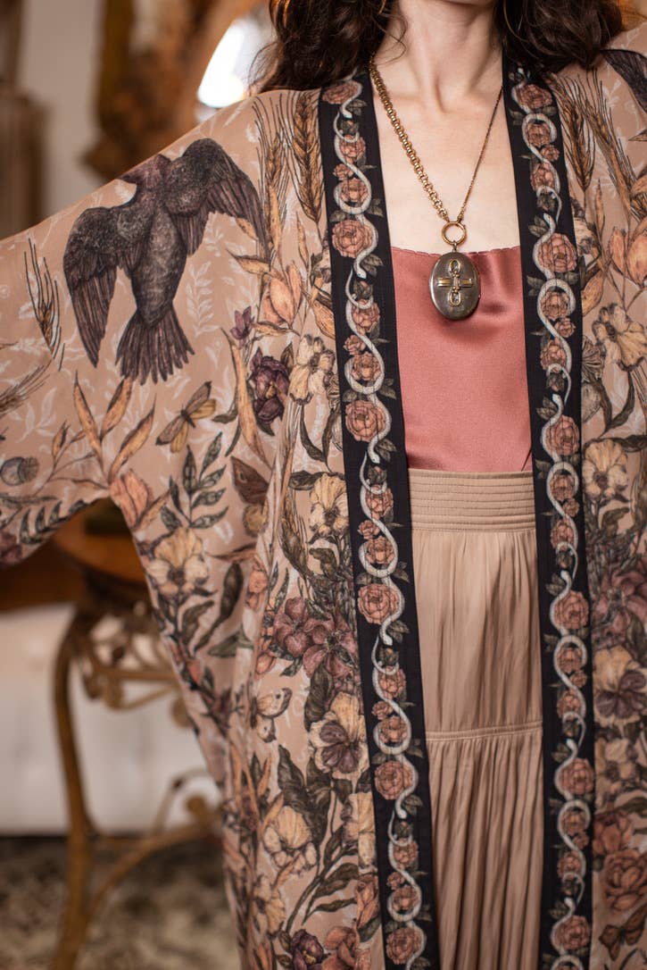 Momento Opera Duster Kimono Robe w/ Starlings & Skull