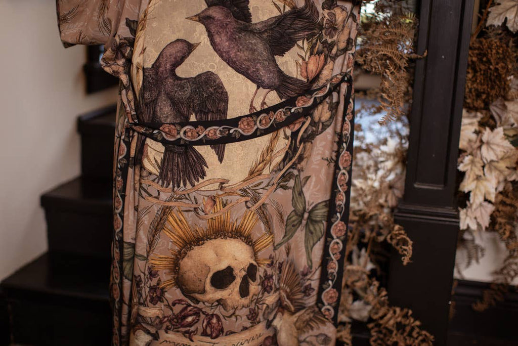 Momento Opera Duster Kimono Robe w/ Starlings & Skull