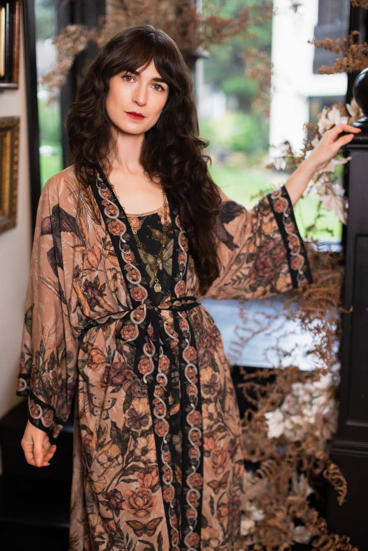 Momento Opera Duster Kimono Robe w/ Starlings & Skull