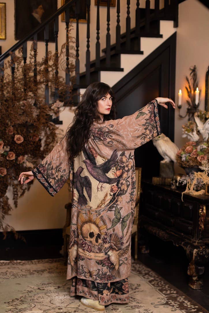 Momento Opera Duster Kimono Robe w/ Starlings & Skull