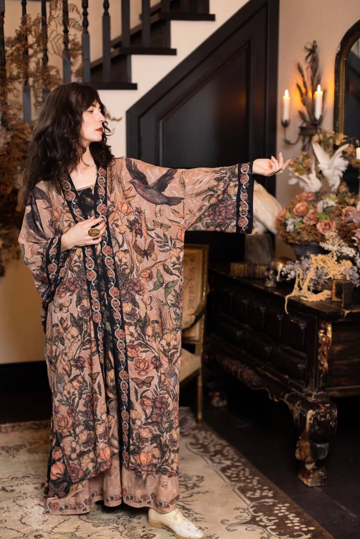 Momento Opera Duster Kimono Robe w/ Starlings & Skull