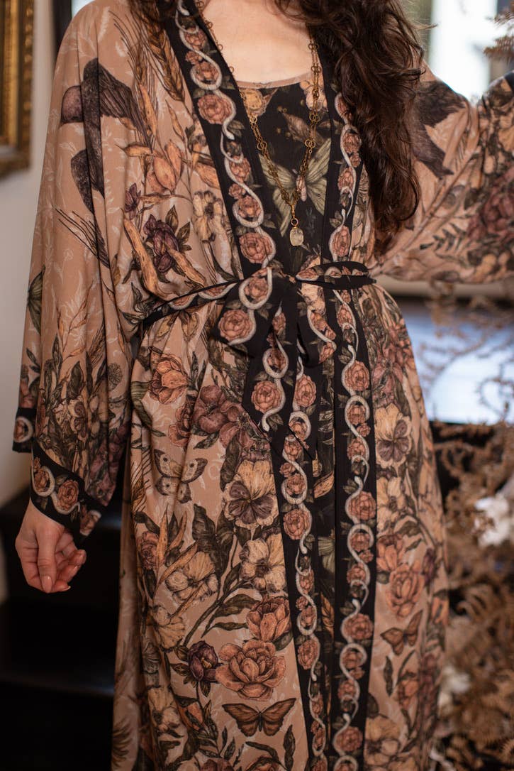 Momento Opera Duster Kimono Robe w/ Starlings & Skull