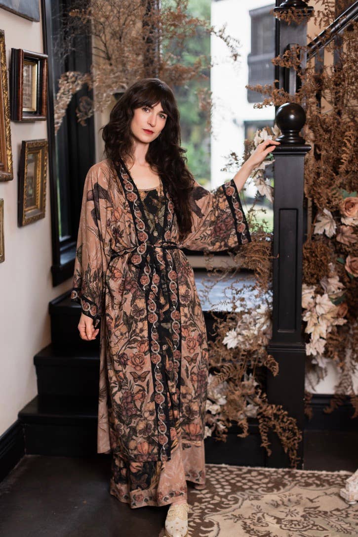 Momento Opera Duster Kimono Robe w/ Starlings & Skull