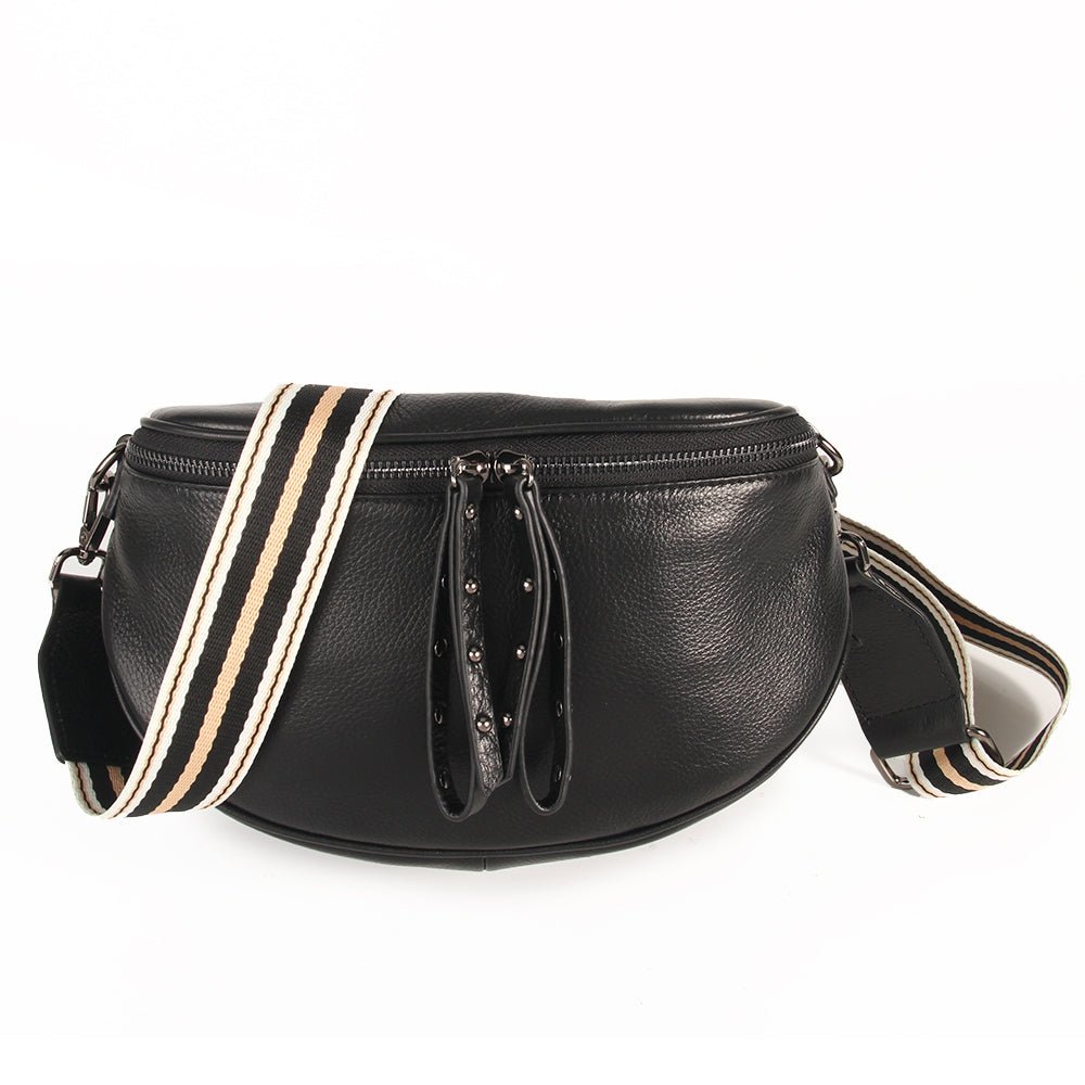Obsessed Black/Gunmetal Bag with Taupe Stripe Strap