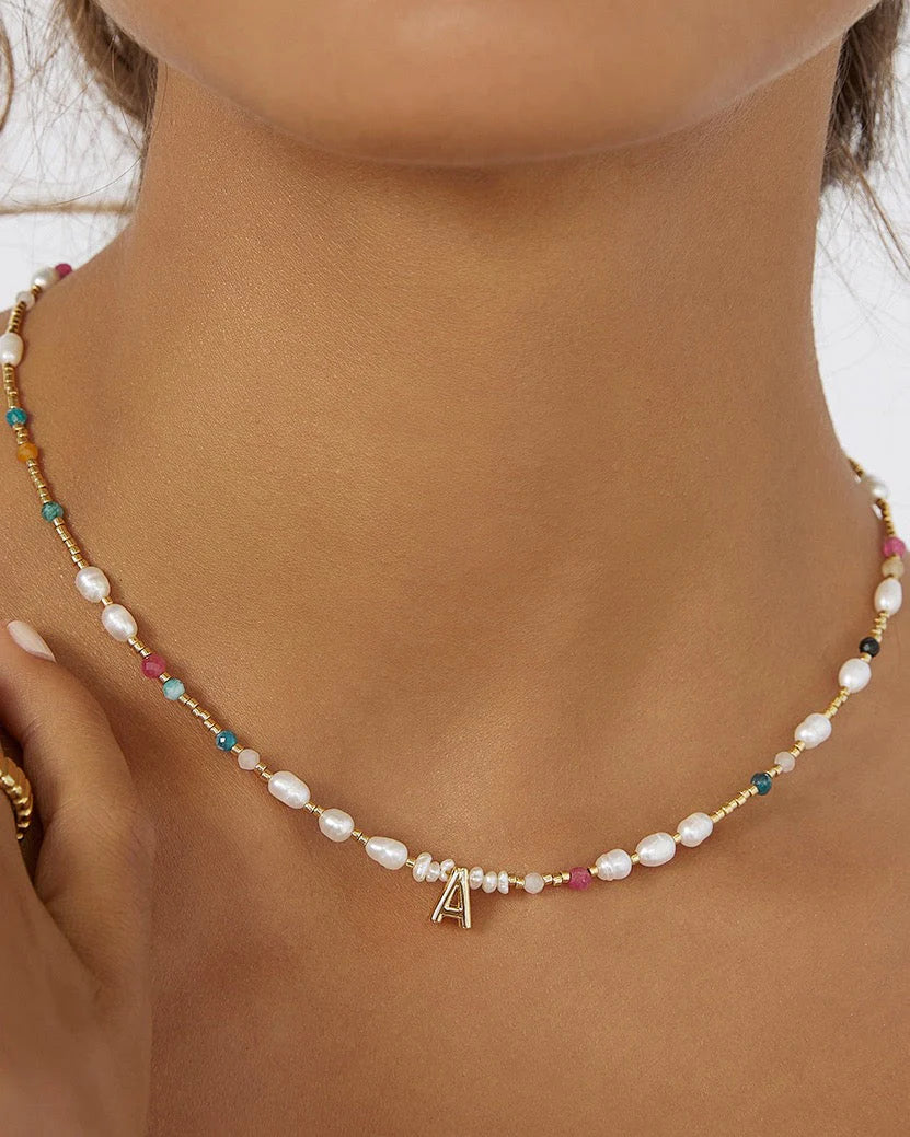 Beaded Gemstone and Pearl Letter Necklace