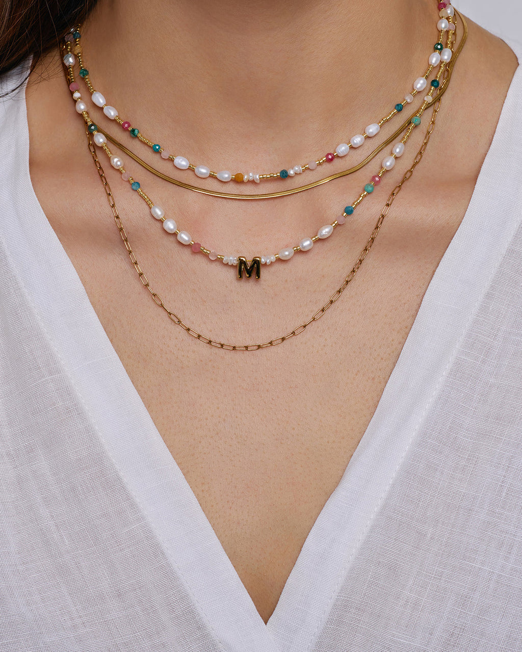 Beaded Gemstone and Pearl Letter Necklace