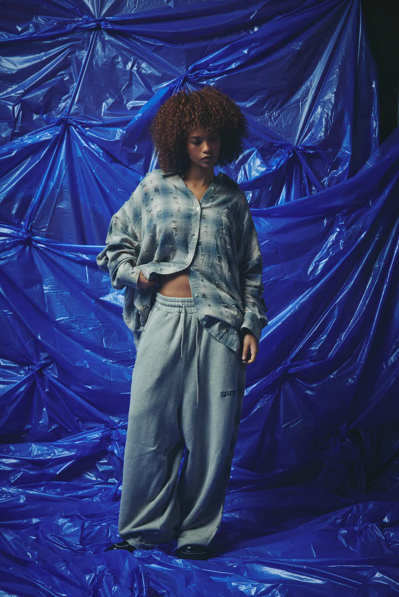 Check Mate Wide Leg Trackies - Blue