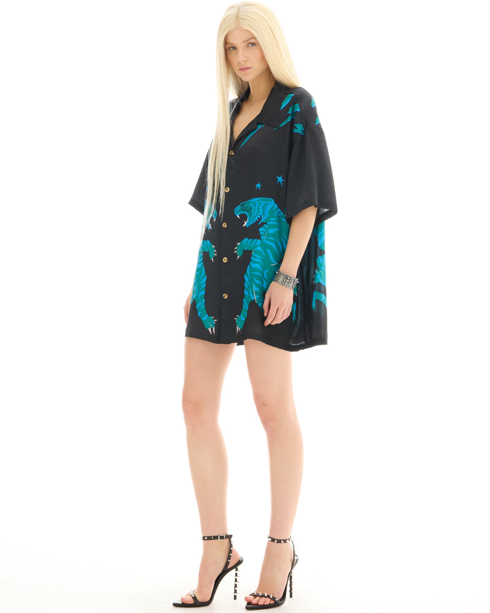 Osaka Silk Tiger Shirt/Dress Black