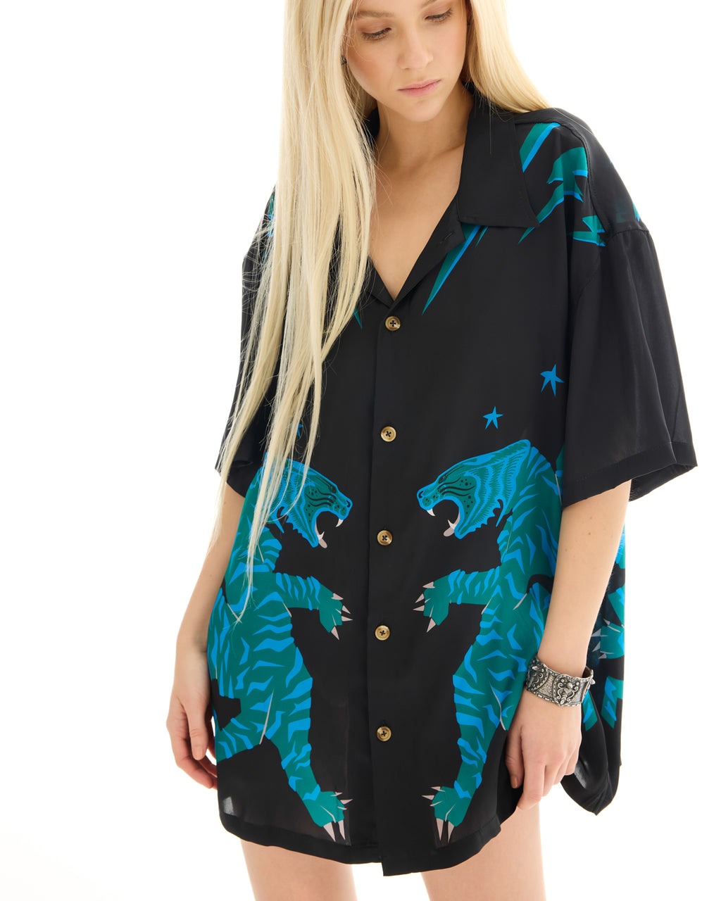 Osaka Silk Tiger Shirt/Dress Black