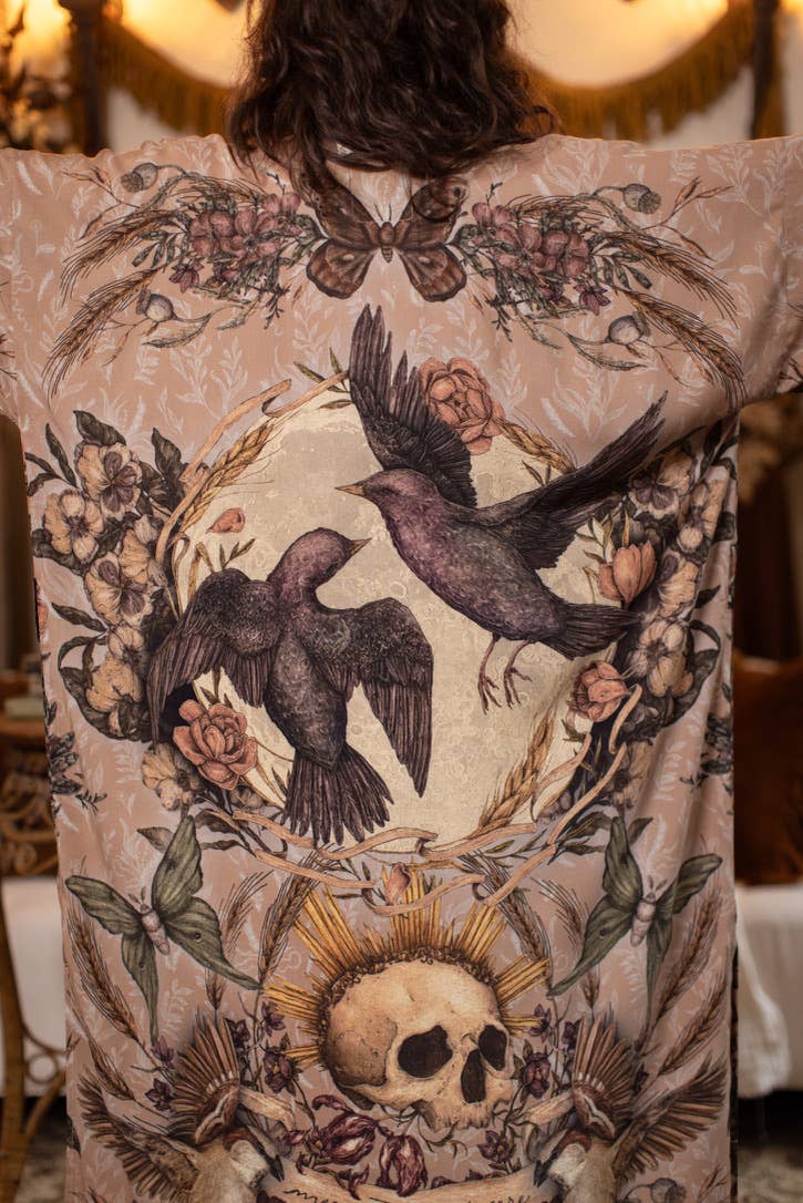 Momento Opera Duster Kimono Robe w/ Starlings & Skull