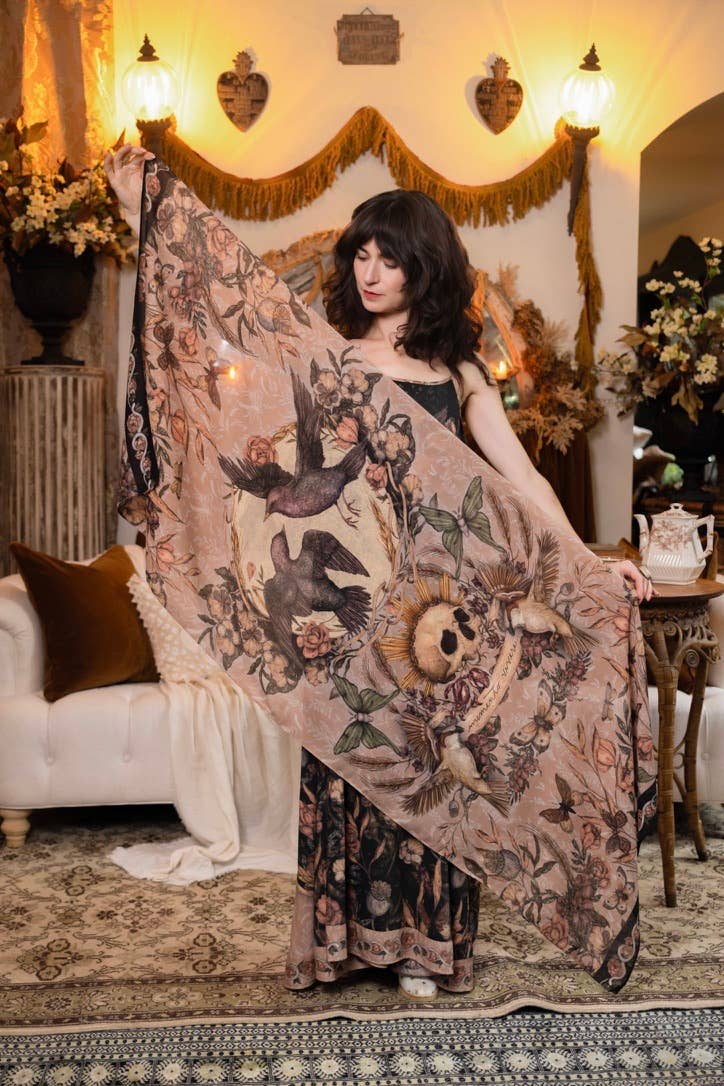 Momento Bohemian Scarf w/ Floral Print, Starlings & Skull