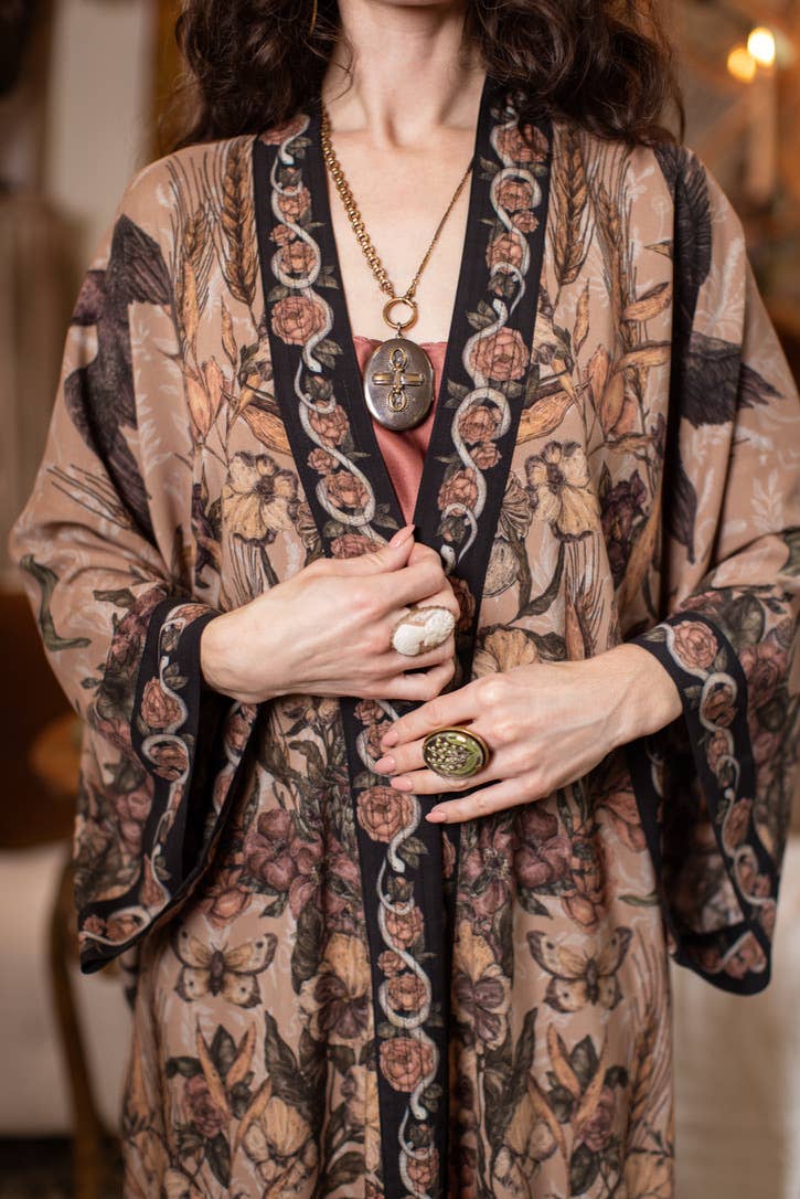 Momento Opera Duster Kimono Robe w/ Starlings & Skull