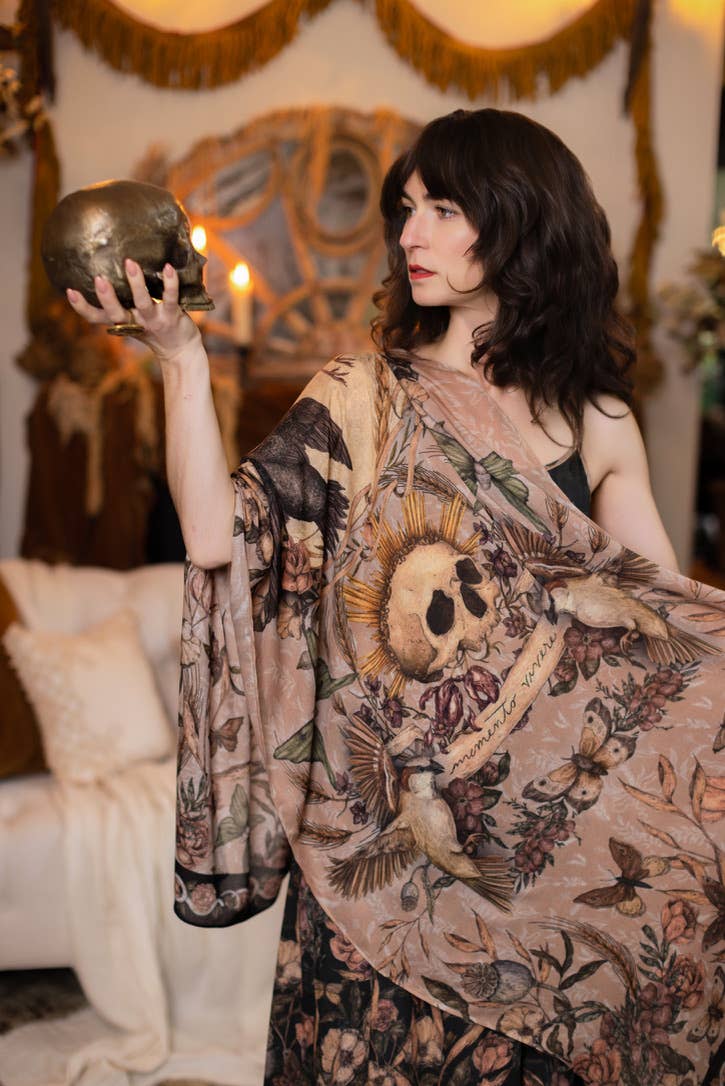 Momento Bohemian Scarf w/ Floral Print, Starlings & Skull