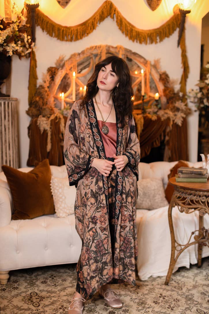 Momento Opera Duster Kimono Robe w/ Starlings & Skull