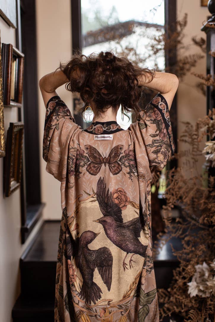 Momento Opera Duster Kimono Robe w/ Starlings & Skull