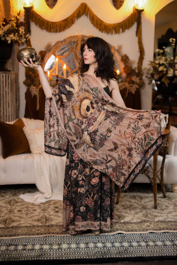 Momento Bohemian Scarf w/ Floral Print, Starlings & Skull