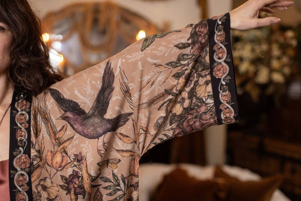Momento Opera Duster Kimono Robe w/ Starlings & Skull